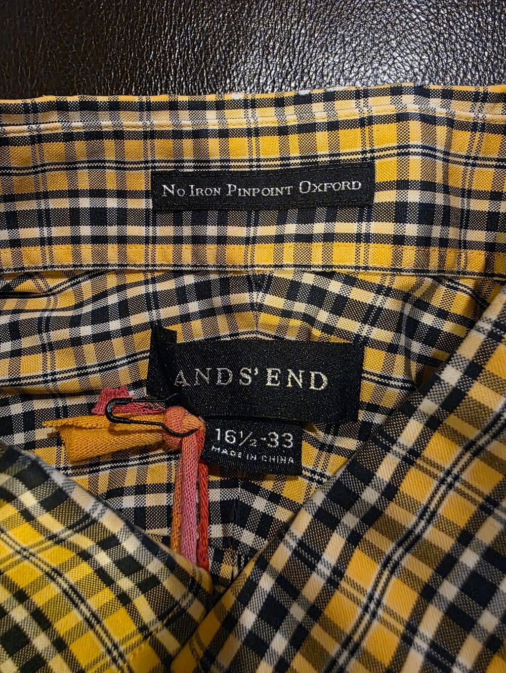 Lands' End Yellow and Navy Plaid Button-Down Shirt Long Sleeve 16.5" Neck - Picture 2 of 5